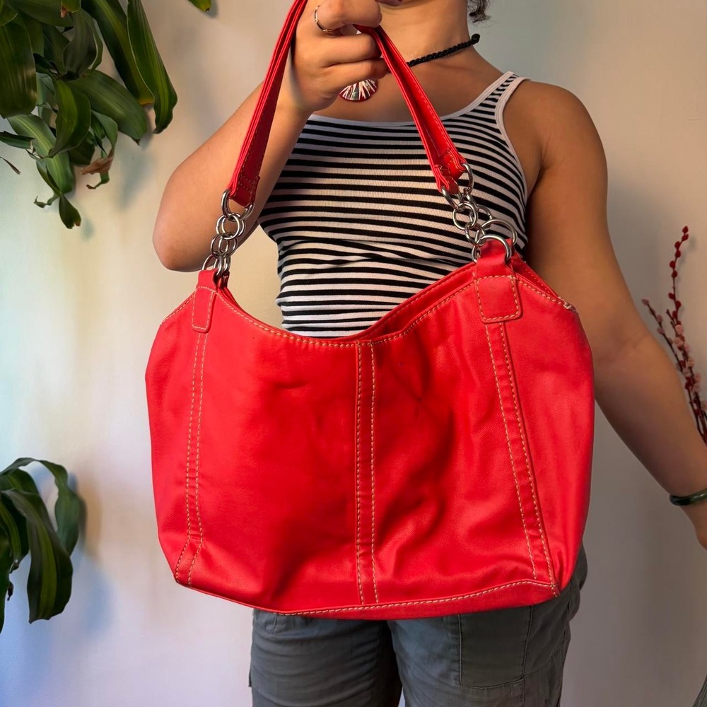90s Cherry Red Slouchy Hobo Shoulder Bag Silver Chain Y2K Minimalist Chic